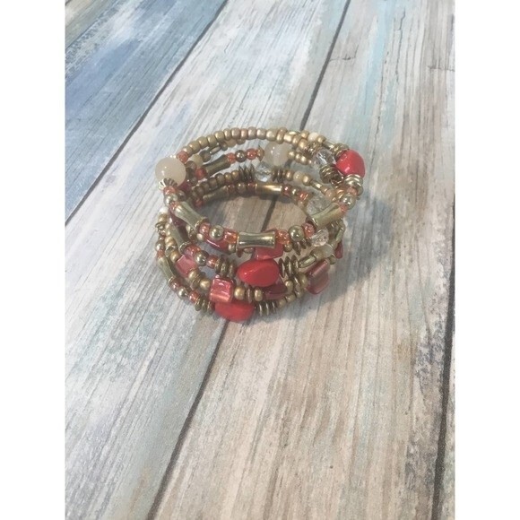 Gold and Red Wire Wrapped Bracelet - Picture 1 of 2